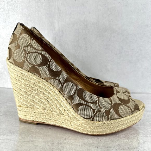 Coach Milan Platform Women's 10 B Brown Wedge Heel Peep Toe Signature Logo - Picture 4 of 10